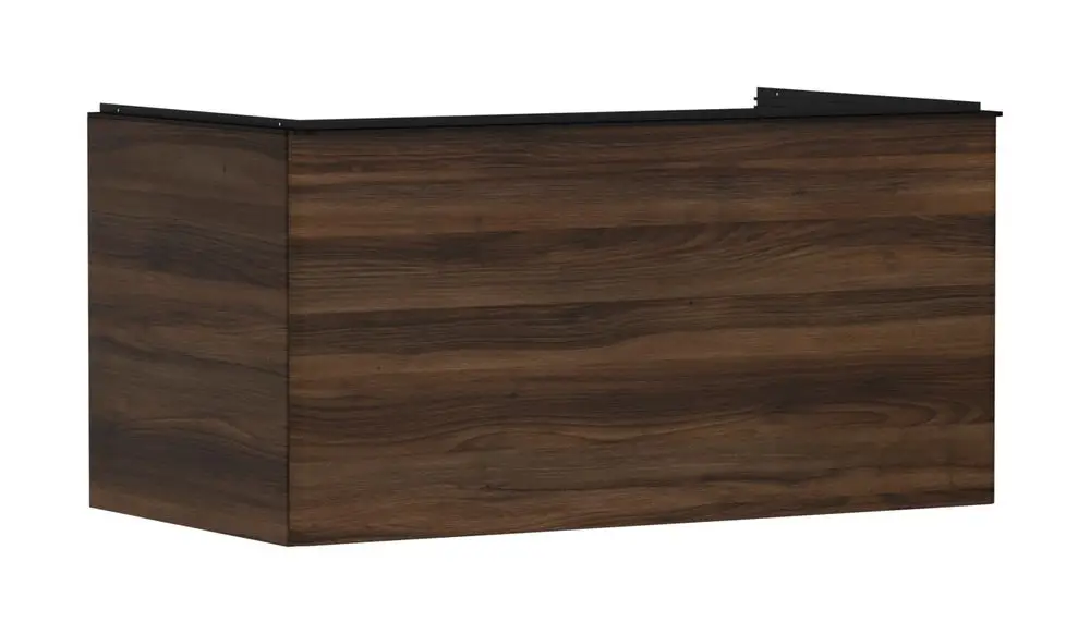 Hölzerner Waschbeckenunterschrank in dunkler Nussbaumfarbe von Hansgrohe, mit einer klaren, einfachen Oberfläche und einem Schubkasten. Ideal für Badmöbel.